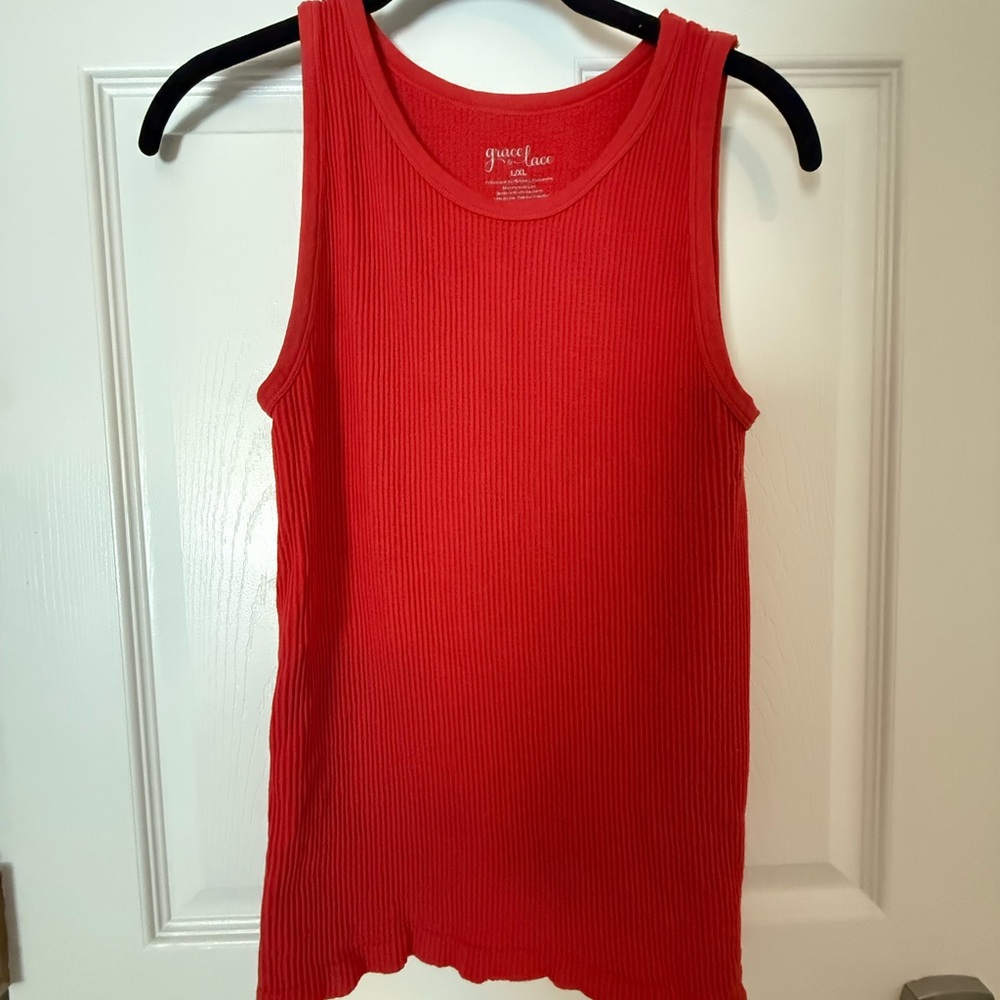 Grace & Lace Women's High Neck Brahmi Red Ribbed Tank Top L/XL